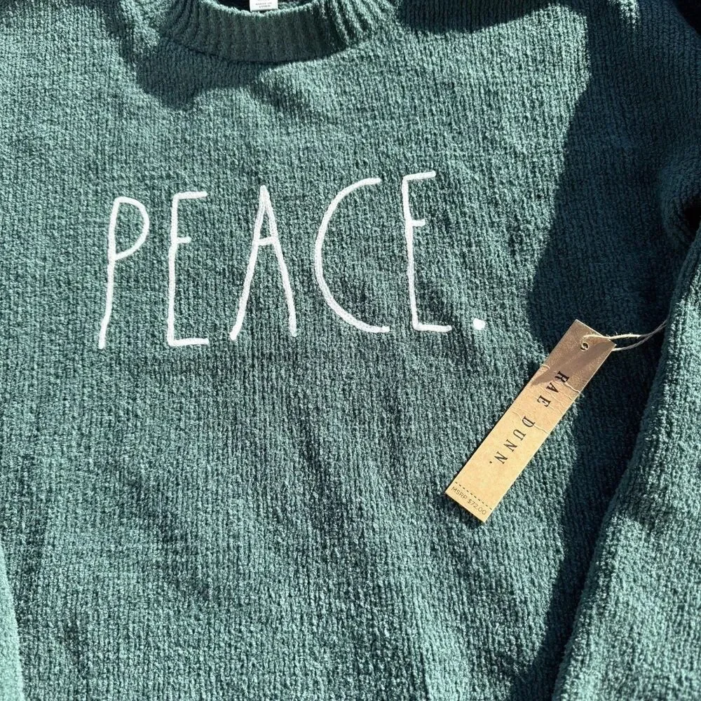 Rae Dunn PEACE green Raglan Sweater blouson Sleeve Cozy Holiday NWT $78‎ Small - Picture 2 of 7